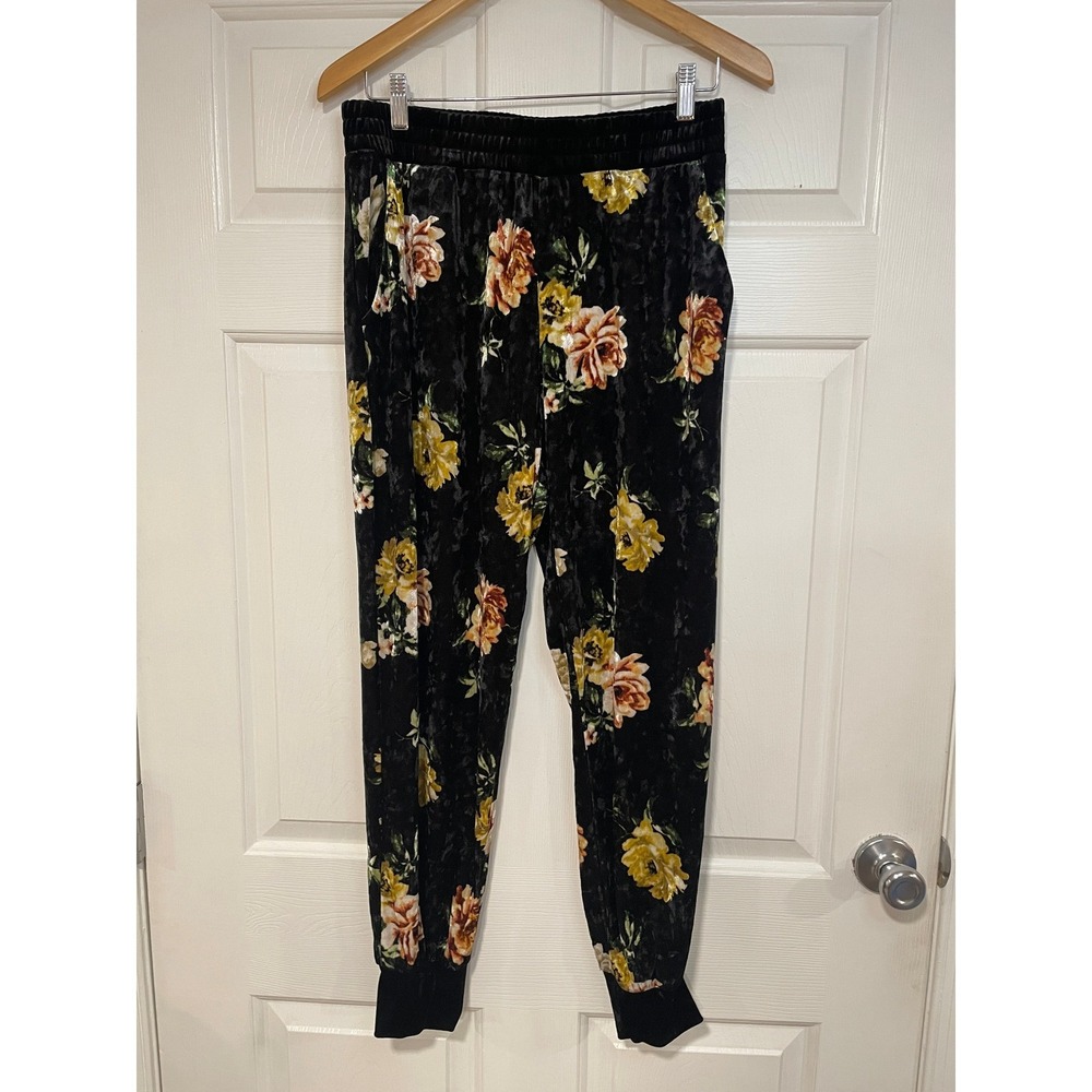 Monteau Black Velvet Floral Print Joggers Comfy Lounge Pants Romantic Stretch XL